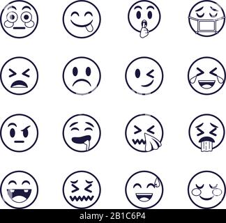 Emojis affronta il design piatto icona stile set, Cartoon Expression cute emoticon profilo personaggio giocattolo viso adorabile e sociale media tema Vector illustrazione Illustrazione Vettoriale