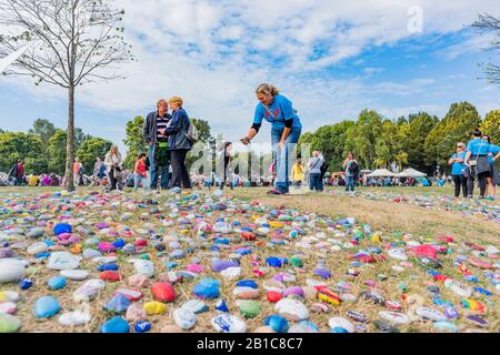 Dipinto di arte rupestre di installazione, cammino di riconciliazione, Vancouver, British Columbia, Canada. Foto Stock