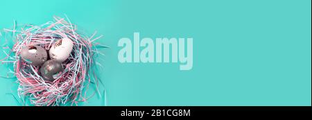 Nido ornitologico decorativo con creative uova d'argento dipinte a mano su sfondo pastello blu. Concetto di Pasqua. Inserire il testo. Foto Stock