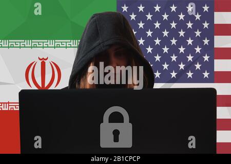 Donna hacker violazione dei dati Cina vs Russia cyber guerra Foto Stock