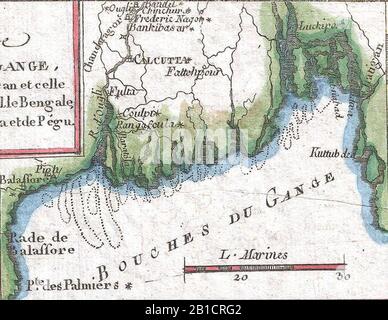 Ganges Delta- ‘bouches du Gange‘ o bocche del Gange 1780 Raynal e Bonne Mappa del Nord India - Geographicus - IndeSuperieure-bonne-1780 (tagliato). Foto Stock