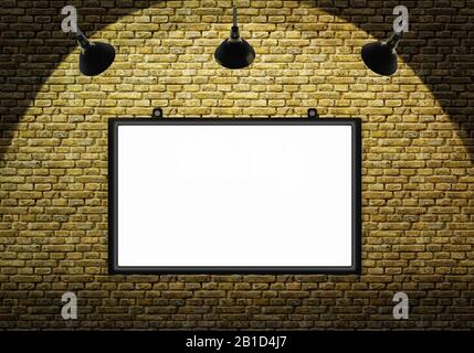 Affissioni a muro. Lavagna bianca bianca bianca bianca e faretti illuminati sul mattone di notte. Spazio di copia per il testo. Illustrazione di rendering 3D. Foto Stock
