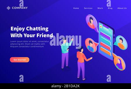 chat online con gli amici persone per il modello di sito web o vettore landing homepage Foto Stock