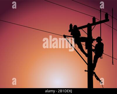 La silhouette del lineman sta sostituendo gli isolatori danneggiati utilizzando set di tenaglie isolate, set di fascette e scatole di accappatoio in fili scorrevoli g. Foto Stock