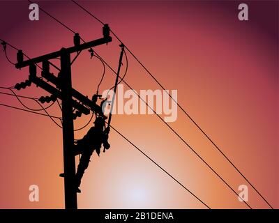 Silhouette di Power Lineman che chiude un trasformatore monofase su linee elettriche ad alta tensione energizzate. Foto Stock