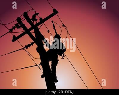 Silhouette di Power Lineman che chiude un trasformatore monofase su linee elettriche ad alta tensione energizzate. Foto Stock