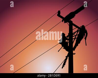 La silhouette del lineman sta sostituendo gli isolatori danneggiati utilizzando set di tenaglie isolate, set di fascette e scatole di accappatoio in fili scorrevoli g. Foto Stock