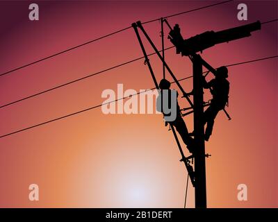 La silhouette del lineman sta sostituendo gli isolatori danneggiati utilizzando set di tenaglie isolate, set di fascette e scatole di accappatoio in fili scorrevoli g. Foto Stock