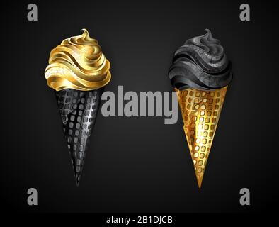 Nero e oro, gelato in cono waffle su sfondo grigio. Illustrazione Vettoriale