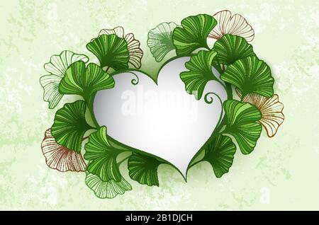 Banner a forma di cuore, decorato con foglie verdi stilizzate di ginko biloba su sfondo verde testurizzato. Illustrazione Vettoriale