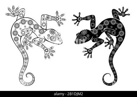Due motivi artisticamente disegnati, neri, contorni gechi su sfondo bianco.stile Tattoo Illustrazione Vettoriale