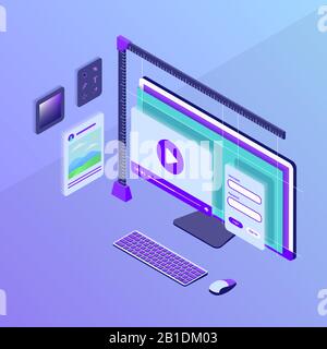 sviluppo di siti web di interfaccia o di progettazione visiva con monitor schermo di computer con vettore di stile isometrico Foto Stock