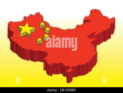 Mappa China 3D con colori di estrusione e flag, illustrazione vettoriale Illustrazione Vettoriale
