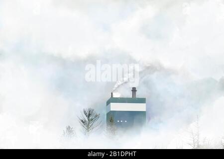 Pennacchi di fumo bianco che esce dai ciminiere contro i cieli soleggiati Foto Stock