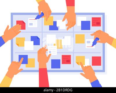 Scheda agile. Scrum sprint compiti, kanban lavoro gestione e priorità stato del progetto. Illustrazione quotidiana del vettore di attività della strategia aziendale Illustrazione Vettoriale