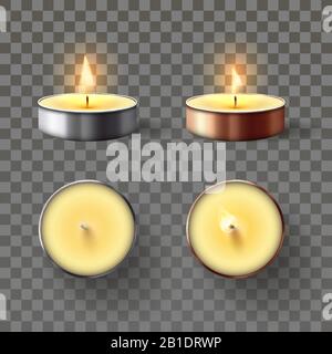 Candela da tè. Candele romantiche in fiamma di metallo, fuoco di candela di cera rilassante e spa aromaterapia CandleLight isolato vettore 3D set Illustrazione Vettoriale