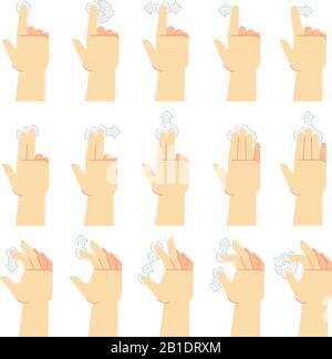 Gesti del touch screen. Tocca con un dito, scorri con un dito e tocca le schermate dello smartphone con le mani. Toccare UI Cartoon Vector Icons Set Illustrazione Vettoriale