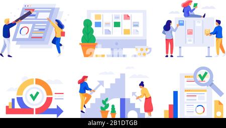 Sviluppo agile. Sprint di bordo di Scrum, compiti del team di gestione di kanban e l'agilità di affari strategia di lavoro vettore di illustrazione insieme Illustrazione Vettoriale