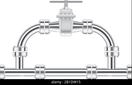 Tubi in metallo cromato con flangia e valvola dell'acqua. Illustrazione Vettoriale