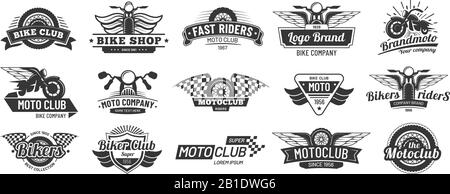 Emblemi biker club. Set vettore badge per motociclisti retrò, emblema per moto sportivo e silhouette per moto Illustrazione Vettoriale