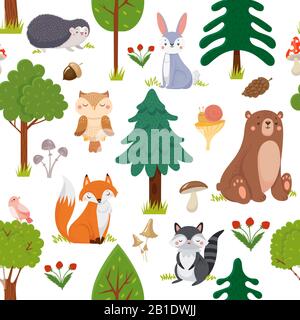 Modello di animali boschivi senza cuciture. Estate foresta cute animale fauna e foreste floreale cartone animato sfondo vettoriale Illustrazione Vettoriale