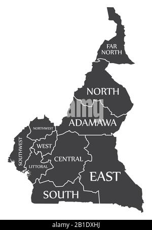 Mappa nera del Camerun con etichette regionali Illustrazione Vettoriale