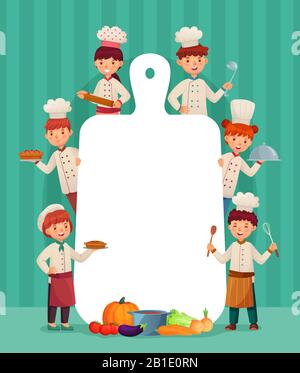 Menu per bambini. I bambini chef cucinano con tagliere a tavola, chef del ristorante e tagliere cibo cartone animato vettore illustrazione Illustrazione Vettoriale