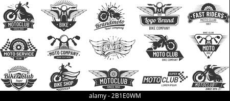 Badge per motociclette. Emblemi club motociclisti, riparazione personalizzata moto e badge ali ruote. Set vettore fregio motore moto retro Illustrazione Vettoriale