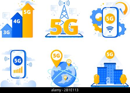 Rete 5G mobile. City fast internet hotspot, telecomunicazioni wireless e reti di quinta generazione vettore illustrazione set Illustrazione Vettoriale