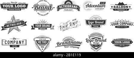 Logo retro. Vecchio emblema, cornice con logo e set vettoriale hipster silhouette vintage Illustrazione Vettoriale