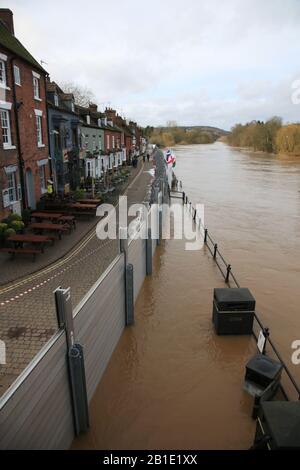 Barriere di difesa alluvione sul fiume Severn a Bewdley, Worcestershire, Inghilterra, Regno Unito. Foto Stock