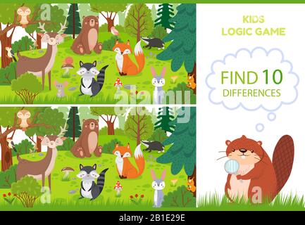Forest animali trovare differenze gioco. Giochi educativi bambini personaggi, animali boschivi e foreste selvagge vettore cartone animato illustrazione Illustrazione Vettoriale