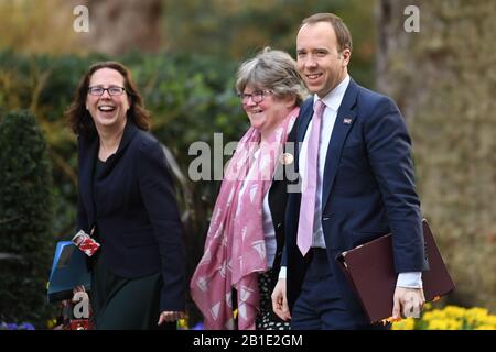 (Da sinistra a destra) Capo della Camera dei Lord Baronessa Evans, Segretario Al Lavoro e alle pensioni Therese Coffey e Ministro della Sanità Matt Hancock in arrivo a 10 Downing Street, Londra, per una riunione del Gabinetto. Foto Stock