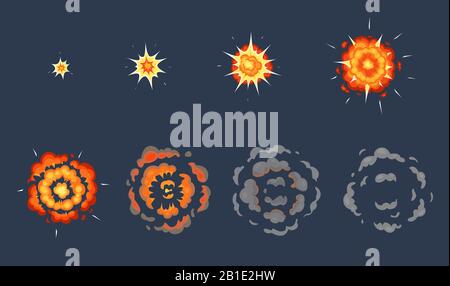 Animazione esplosione cartoni animati. Esplodendo i fotogrammi effetto, gli shot animati esplodono con il set di illustrazioni vettoriali fume nubi Illustrazione Vettoriale