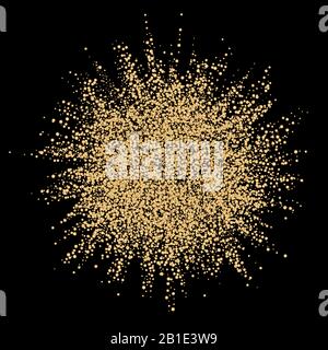 Esplosione astratta dell'oro su sfondo scuro. Striscione in polvere con glitter dorato su sfondo nero. Nuvola colorata. La polvere d'oro esplode. Illustrazione Vettoriale