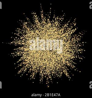 Esplosione astratta dell'oro su sfondo scuro. Striscione in polvere con glitter dorato su sfondo nero. Nuvola colorata. La polvere d'oro esplode. Illustrazione Vettoriale