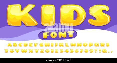 Cartoon chubby font. Bambini gioco alfabeto, fumetti bambini bolle lettere e caratteri cartoony numeri vettore illustrazione set Illustrazione Vettoriale
