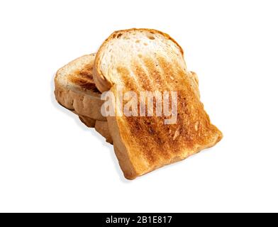 3 fette di pane tostato isolate su sfondo bianco con tracciati di ritaglio. Foto Stock