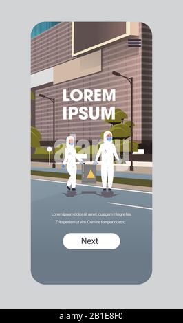 Gli scienziati in abiti Hazmat portare il barile con cautela segno pulizia disinfezione coronavirus cellule epidemia MERS-cov virus wuhan 2019-nCoV smartphone schermo mobile app copia spazio immagine vettore Illustrazione Vettoriale