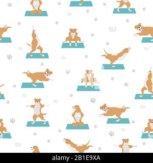 I cani da yoga posano ed esercitano un design senza cuciture. Clipart staffordshire bull terrier. Illustrazione del vettore Illustrazione Vettoriale