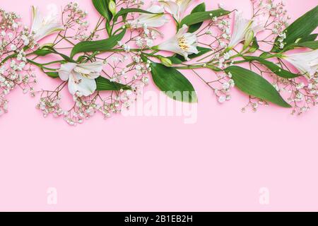 Bellissimi ramoscelli primaverili con fiori bianchi su sfondo rosa pastello. Foto Stock