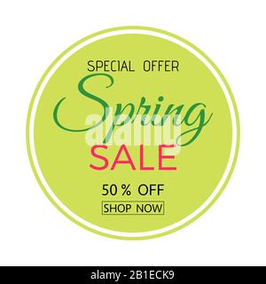 Banner vendita primavera. Frase di vendita di primavera su sfondo bianco e verde. Illustrazione Vettoriale
