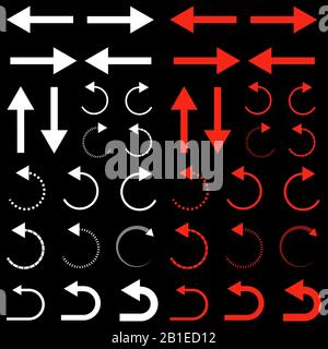Frecce bianche e rosse. Raccolta di frecce. Elementi grafici. Diverse frecce isolate su sfondo scuro. Illustrazione Vettoriale