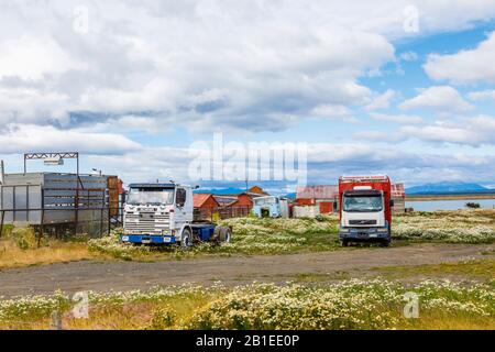 Camion e rimorchi susati parcheggiati in un campo a Puerto Bories, un piccolo villaggio vicino a Puerto Natales, Patagonia, regione di Magallanes, Cile meridionale Foto Stock