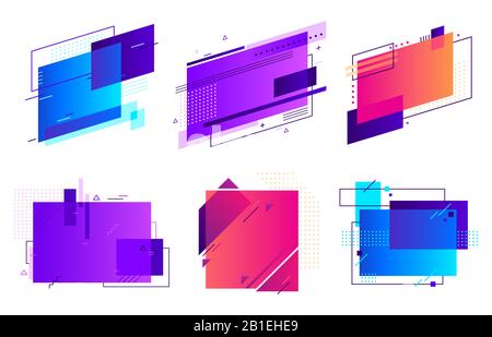 Badge geometrici rettangolari. Cornice alla moda, design minimo e gradienti astratti fotogrammi layout modello sfondo vettore set Illustrazione Vettoriale