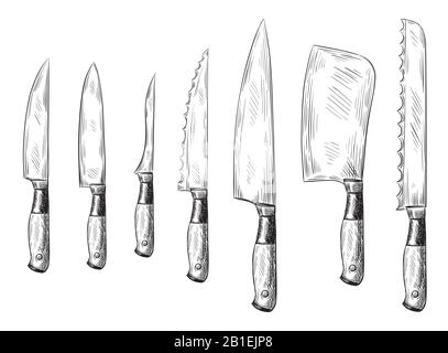 Coltello da cena disegnato a mano. Coltelli vintage chef, set di illustrazioni vettoriali con coltello da cucina inciso Illustrazione Vettoriale