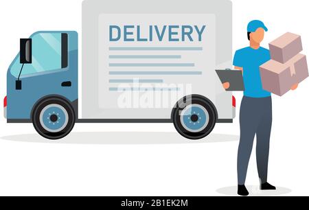 Deliveryman con pacchi illustrazione piatta. Corriere, postino che tiene scatole di cartone e appunti carattere cartoon isolato su sfondo bianco Illustrazione Vettoriale