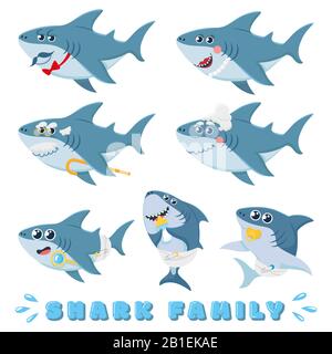 Famiglia di squali cartoni animati. Baby Shark neonato, padre marino comico e allegro squalo madre personaggi vettore illustrazione set Illustrazione Vettoriale