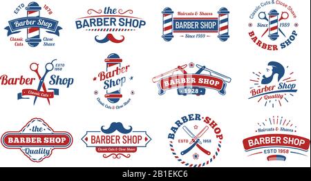 Badge barbershop. Etichetta barbiere d'epoca, logo da parrucchiere retro shave e set di illustrazioni vettoriali per vecchi segni taglio di capelli da uomo Illustrazione Vettoriale