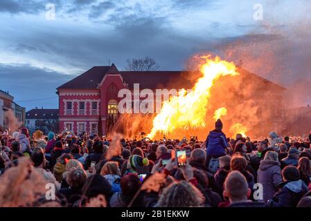 Una folla che guarda il falò serale per concludere le festività della domenica della celebrazione del carnevale di Busojaras nel 2020 a Mohacs, in Ungheria Foto Stock